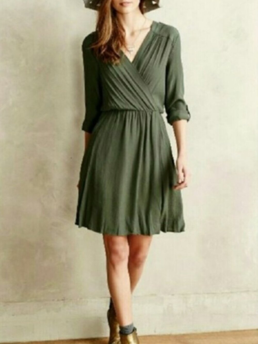 NWT Anthropologie Maeve Lene V-Neck Wrap Dress, Moss Green - Size Medium